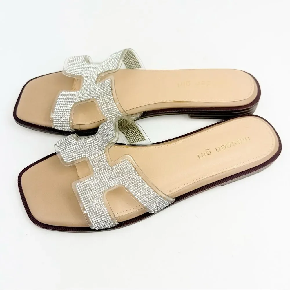 Madden Girl HAILEY Silver Rhinestone Sparkle H Strap Slip On Slide Sandals